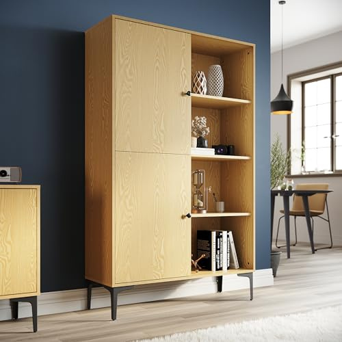 SONNI Vitrinenschrank, Schrank, Bücherschrank, Hochschrank mit 8 Fächern, 2 Türen, 2 höhenverstellbaren Regal für Wohnzimmer, Schlafzimmer, Küche, Esszimmer, Büro, Holzfarbe, 100 x 35 x 160 cm.