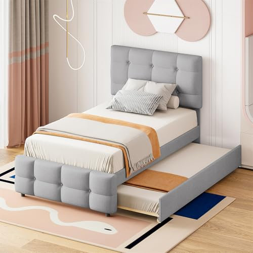 buiesjole Modernes Kinderbett Einzelbett Mit Verstellbarem Kopfteil Und Ausziehbarem Rollwagen Massivholzbett Mit Holzrahmen Und Fußteil (matratze Nicht Im Lieferumfang Enthalten)(Color:grau)