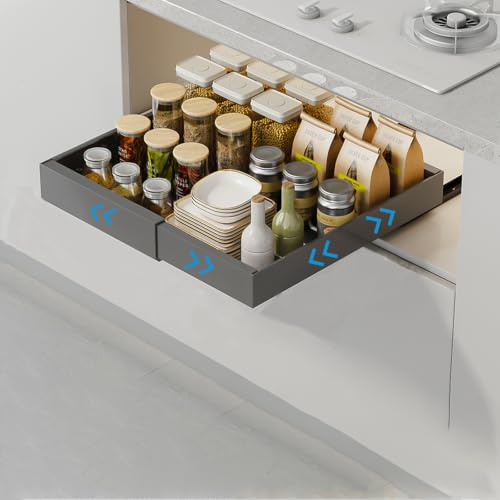 JOUING Cassetto Telescopico Estensibile Organizzatore Estraibile per Armadietti Acciaio al Carbonio Organizzatori Sotto il Lavello con Pellicola Adesiva da Cucina, Dispensa, Bagno (Grigio, 1pezzo)
