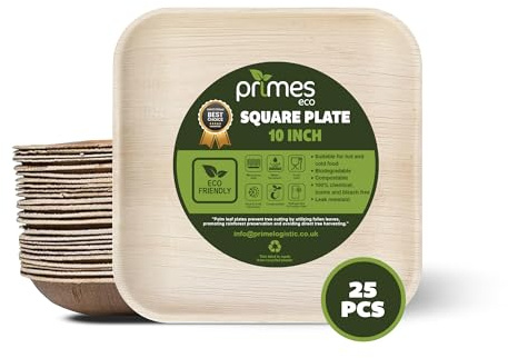 PRIMES ECO Lot de 25 grandes assiettes carrées jetables en feuille de palmier de 25,4 cm, respectueuses de l'environnement, biodégradables et compostables, comme les assiettes en bois, sans produits