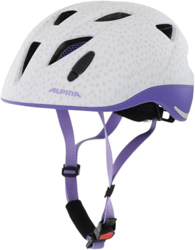 ALPINA XIMO L.E. – Lätt, säker och stöttålig cykelhjälm med valbar LED-lampa för barn - white purple dots matt - 49-54