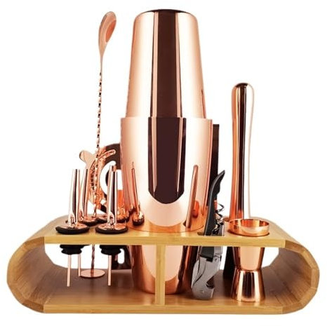 CHFYIJYHM Jigger Mezclador de Acero Inoxidable Dorado y Negro, Juego de coctelera Boston de Metal con Soporte de bambú, Kit de Barman de Herramientas de Barra(Rose Gold 800600ml)