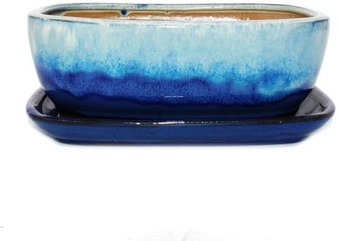 exotenherz Bonsai-Schale mit Unterteller Gr. 4 - Blau-Beige - rechteckig - Modell GB5 - L 26cm - B 20cm - H 9cm