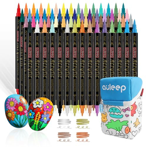 AULEEP 60 Acrylstifte für Steine Wasserfest mit 10 Glitzerstifte, Filzstifte Dicke und Dünne (Pinsel + Fein), Acrylic Marker Set mit tragbarem Doodle Canvas Tasche, für Steine/Eier/Glas/DIY-Kunstwerke