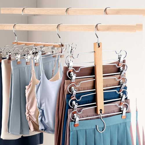 Erogeen 2 Pack Skirt Hangers Space Saving Beechwood 5 Tier Pants Hangers with Adjustable Clips 360° Swivel Hook, Closet Organizer for Skirts, Pants, Jeans, Shorts, Tank Top (Wood)