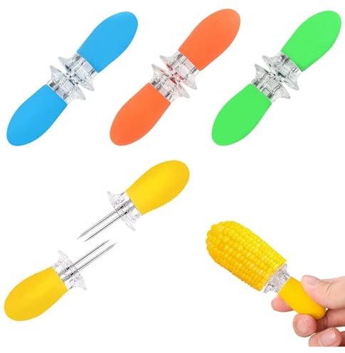 8PCS Corn on The Cob Holders - Stainless Steel Corn Forks with Silicone Handle - Safe Interlocking Skewers for BBQ, Parties, Picnics & Camping - Kitchen Corn Cob Eating Utensils