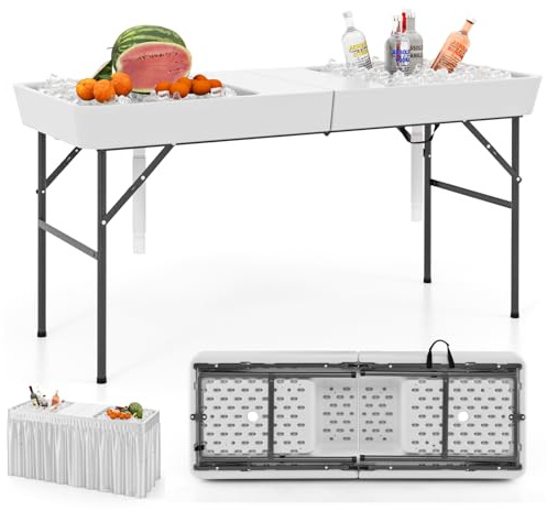 COSTWAY 5FT Folding Ice Cooler Table, Outdoor Chilling Table with Double Sinks, Matching Skirt and Drain Hose, Portable Beverage Cold Food Keeper for Camping, Party, Picnic & Wedding