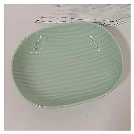CYairong-22 Plato Plato de Cena Verde Menta, Plato de cerámica a Rayas, Plato de Cena Ovalado, Plato Largo, Plato Hondo for Ensalada Dim Sum de Fruta, Plato de Sopa pequeño Plato de Postre