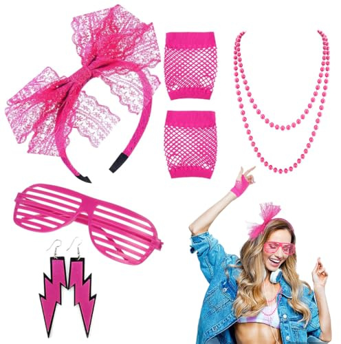 OUDQFCJ 5 Stück Damen Accessoires Set für 80er 90er Jahre Themenpartys,Neon Partys,Karneval,Halloween,Stirnband,Blitz Ohrringe,Fischernetz Handschuhe,Halskette,Armband (Rose)