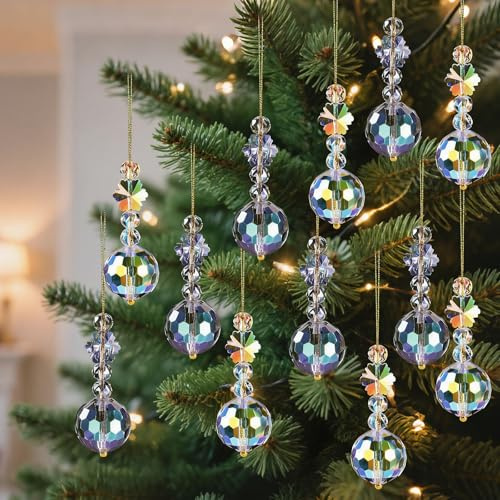 12PCS 22mm Christmas Tree Crystal Ball Ornaments, Rainbow Glass Baubles Suncatchers Hanging Decorations for Xmas Wedding Party Home Decor