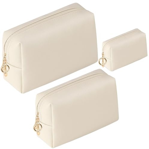 3 Stück Kulturbeutel Damen Make up Tasche Klein Kosmetiktasche Set PU Leder Schminktasche Große für Damen Mädchen Reisetasche Kosmetiktäschchen Tragbare Kosmetik Parfüm Tasche Organizer(Beige)