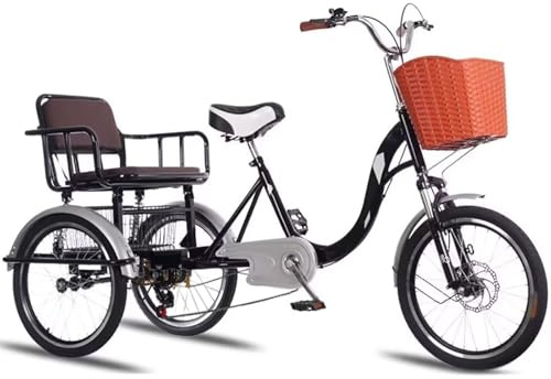 LSQXSS Dreirad für Erwachsene, 6-Gang, 20-Zoll-Cruiser-Dreirad, Beifahrersitz, Gepäckkorb, verstellbarem Sattel, 3 Rädern mit Vorder- und Hinterradfederung, Scheibenbremse vorne