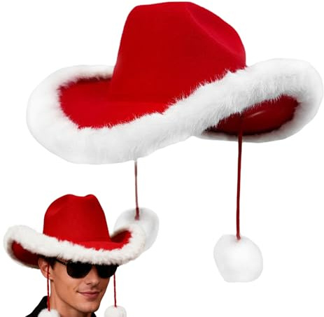 Roter Cowgirl-Hut – Festlicher Weihnachtsmann-Western-Kopfschmuck mit weichem weißem Plüschbesatz, verstellbarer Kinnriemen, bequeme Passform, Cowboyhut für Kinder und Erwachsene, Urlaub, Party