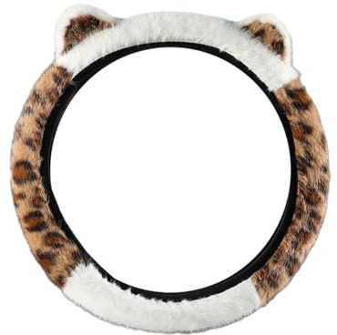 Plüsch-Lenkradbezug Leopard Winter, Lenkradhülle Flauschiger Plüsch mit Ohren, Elastikversion & rutschfest, Lenkradbezug Leo, Niedliches Autozubehör Innenraum, Universal Auto-Lenkradabdeckung (D)