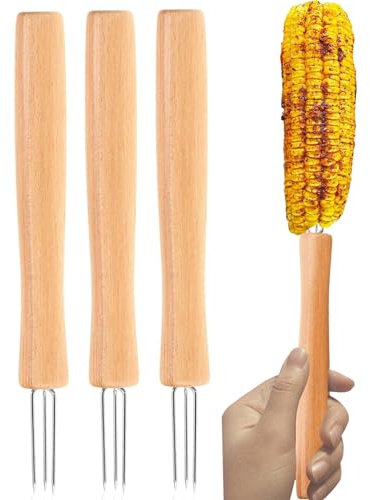 Support pour épis de maïs, ustensile de cuisine avec trois dents et poignée en bois, quatre porte-maïs – Pour griller le barbecue, la maison, le jardin, le camping