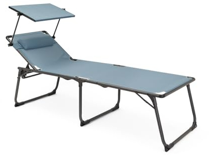 BERGER Iseo Dreibein Sonnenliege XL | klappbare Gartenliege mit Verstellbarer Rückenlehne Sonnenschutzdach & Kissen | leicht stabil belastbar bis 150 kg | Ideal für Balkon Strand & Camping