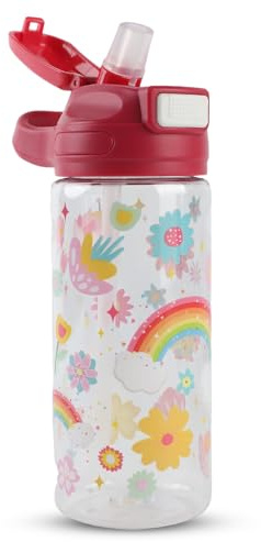 MHwan Vattenflaskor för barn, 600 ml, robust, okrossbar, läckagesäker, BPA-fri, aktivering med ett klick, lätt att rengöra, barns vattenflaska med sugrör, perfekt för skola och utomhus (regnbåge)