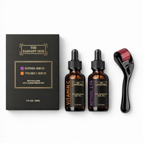 Vitamin C Serum + Retinol 2.5% Serum with Microneedle Derma Roller – THE RADIANT HUB Skincare Set for Brightening, Anti‑Aging, Dark Spots, Fine Lines & Collagen Boosting – Hyaluronic Acid & Aloe Vera