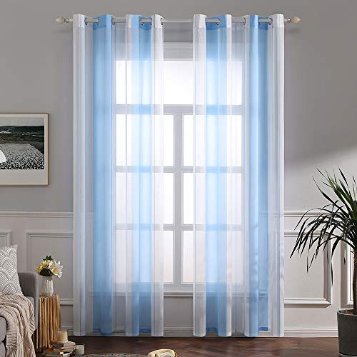 MIULEE Voile Gardinen Hellblau-Weiß Kurz mit Ösen 2er Set 140x145 cm | Halbtransparenter Voile mit Streifenmuster für Wohnzimmer, Schlafzimmer und kleine Fenster.