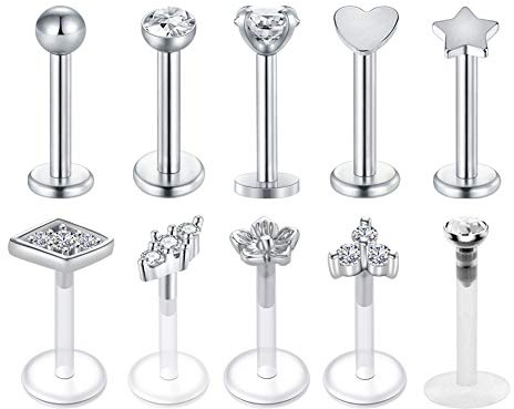 Longita 16G Helix Tragus Piercing Chirurgenstahl Acryl Bioflex Retainer Lippenpiercing Stud Ohr Stecker Monore Labret Piercing 8mm 10 Stück