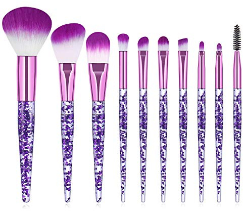 10 Pieces Crystal Glitter Makeup Brushes Premium Synthetic Fiber Makeup Brush for Foundation Powder Concealers Blush and Eyeshadow (Purple)
