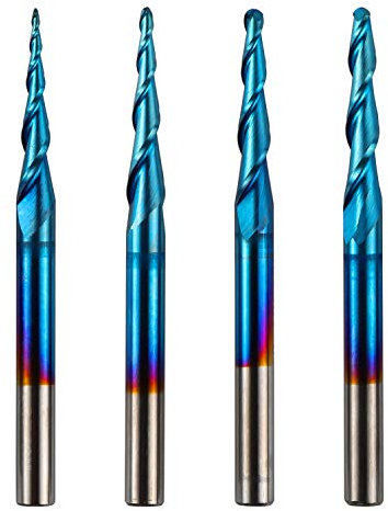 Genmitsu 4 Stück 2-Nuten- Kugelkopffräser mit konischer Spitze, Vollhartmetallfräser mit Nano Blue-Beschichtung, R0,25mm-1,0mm, 3,175mm (1/8 Zoll) Schaft, TB04A