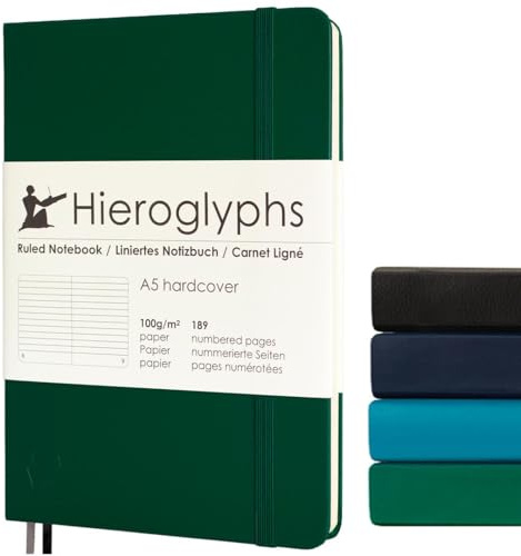 Hieroglyphs Notizbuch A5 mit Hardcover, 189 Nummerierten Seiten, 3 Farben, Organisationsregister, Tasche, Elastikverschluss, 2 Lesezeichen, Grün