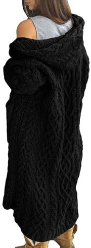 NIUBIA Womens Casual Long Sleeve Open Cardigan Warm Hooded Outwear Coat Cable Knit Long Cardigan Sweaters with Pockets Black