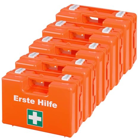 TMS PRO SHOP BIGPACK 5 x Erste-Hilfe-Koffer, mit Wandhalterung, Kunststoff, orange, DIN 13157 aus Kunststoff, Art.-Nr. 608823 | Verbandskasten | Notfallkoffer | Erste Hilfe Kasten