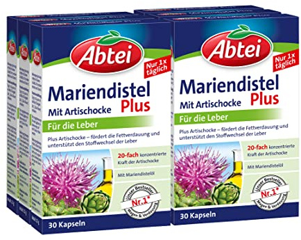 Abtei Mariendistelöl Plus Artischocke - mit Vitamin E Kapseln, gesunde Verdauung, unterstützt den Stoffwechsel der Leber - Vorratspackung 180 Kapseln (6x30 Stück)