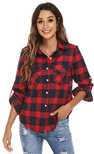 Ietaoo Chemisiers Femme Chemise à Carreaux Coton Manches Longues Flanelle Chemise Blouse Classique Décontractée Shirt pour Automne Hiver Printemps