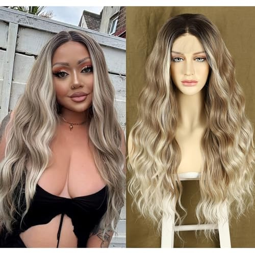 Sapphirewigs Ombre Blonde Spitze Front Perücke Synthetisch Braun Körper Welle Perücken für Frauen 13x3 Cosplay Party Täglich tragen Halloween Hitzebeständige 24 inch