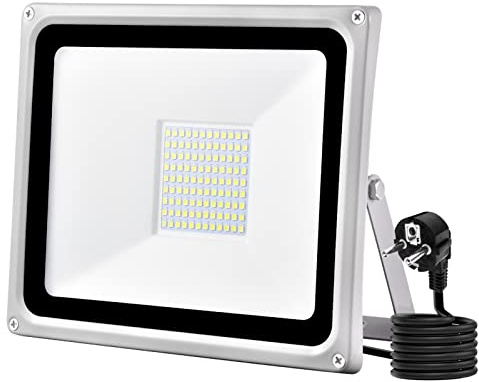 Viugreum 100W LED Strahler mit Stecker,6500K Kaltweiß led fluter Außen, Superhell 10000LM LED Scheinwerfer, IP66 Wasserfest Außenstrahler mit 100cm Cable für Hinterhof Auffahrt Garage Garten