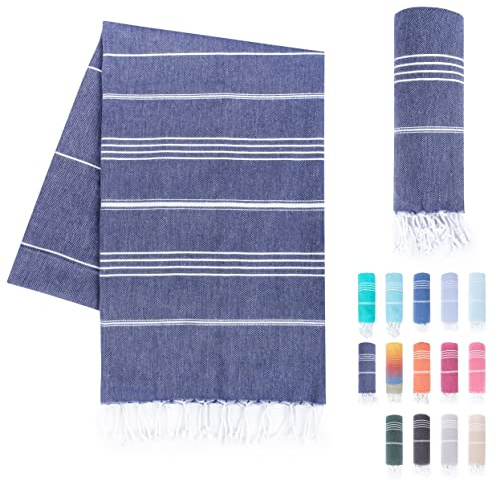 LAYNENBURG Premium Hamamtuch mit handgeknüpften Fransen - 100% Baumwolle - Strandtuch 95x180 cm - Oeko-TEX 100 - Strandhandtuch groß - Saunatuch & Reisehandtuch (Marineblau)