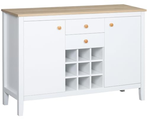 HOMCOM Buffet Meuble de Rangement, 110 x 35 x 75 cm, Blanc et Bois Naturel | 2 Tiroirs, 2 Portes, Étagères Réglables, Porte-Bouteilles pour 9 Bouteilles