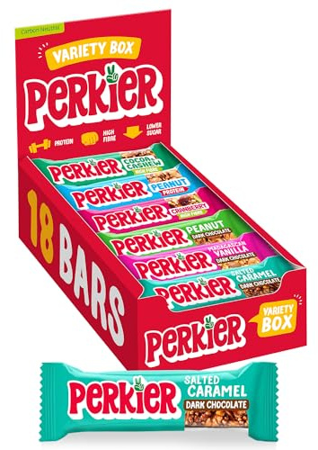 Perkier Variety Box, 18 High Fibre Bars, 6 Flavours, Vegan, Gluten Free, Protein, Lower Sugar, Office Snacks, High Fibre Snack, Natural, Lower Calorie, Healthy Nut, Cereal, Gut Health, Multipack