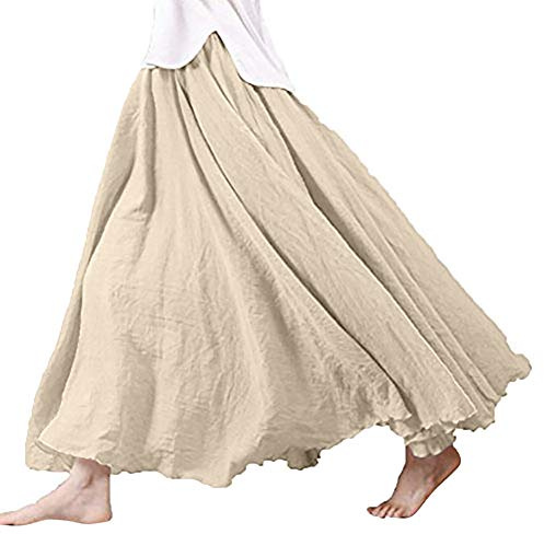 Linnekjol lång medeltida – veckad kjol dam lång sommarkjol bomull lång RöCke vintage tallrikskjol elegant maxikjol enfärgad hög midja veckad kjol – strandkjol sommar swingkjol, kaki, XL