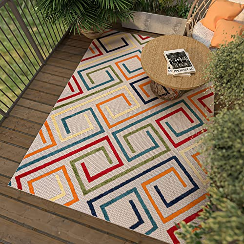Mazovia Tapis Exterieur Terrasse, Balcon - Grand Tapis Exterieur - Tapis d'Intérieur et d'Extérieu Outdoor - Terrasse Grande Taille Résistant Aux Intempéries - Géométrique - Multicolore 140 x 200 cm