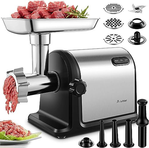 Fleischwolf AOBOSI 3-In-1 Fleischwolf Elektrisch Mit 3 Edelstahl-Schleifplatten,1 Kubbe & 3 Wurstfüllrohren, [3000w Max |Size #10 ] Für Fleisch, Fleischwurst. Fleischwolf Edelstahl Mit Klingen.