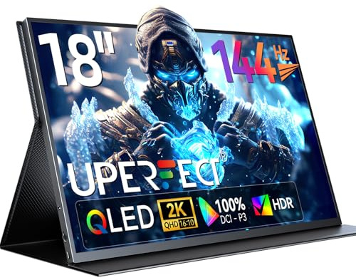 UPERFECT 18 QLED Portable Monitor, 2K 2560×1600, 144Hz Gaming Display, 500 Nits Brightness, FreeSync HDR, 100% DCI-P3, Ultra-Slim USB-C/HDMI Monitor for Laptop MacBook Phone Game Console, VESA Mount
