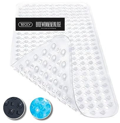 TOULY Badewannenmatte rutschfest mit Aufhängung, Duschmatte antibakteriell 88x39 cm, Badewanneneinlage BPA frei, Badematte antischimmel - maschinenwaschbar - Transparent