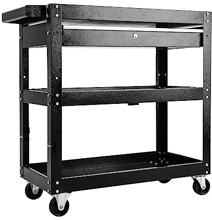 Holdfiturn Rolling Tool Cart 3 Tier Utility Service Cart with Towel Rack Handle Lockable Wheels Heavy-duty Steel Mobile Storage Trolley Shelves for Home Office Garage 69.5 x 35 x 67cm (Black)