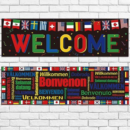 Panelee 2 Pcs International Welcome Banners 13.8 x 43.3 Inch World Flags Banner Polyester Country Flags Decoration for Sports Events Club Birthday School Classroom Party Supplies Decoration (Black)