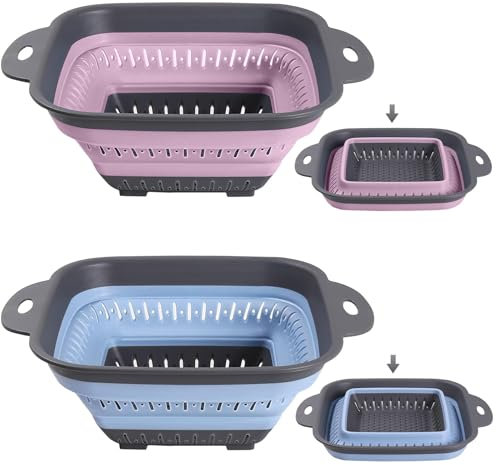 escurridor plegable silicona,escurridor pasta,colador de cocina,coladores plegables para camping(2 piezas rosa + azul)