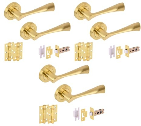 Hunta HANDLEZONE® 3 Sets Zena Internal Door Handles on Rose Lever Latch Packs with Ball Bearing Hinges - Brushed Brass