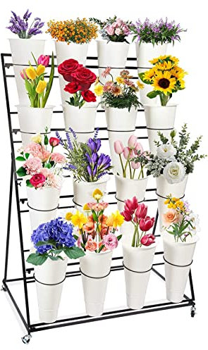 Kamnik Dekorativer Blumenständer mit Eimern, Metall-Pflanzenständer, robuster rollender Pflanzenständer auf Rädern, Blumenwagen für drinnen und draußen, Leiterregal für Floristen, Garten, Terrasse