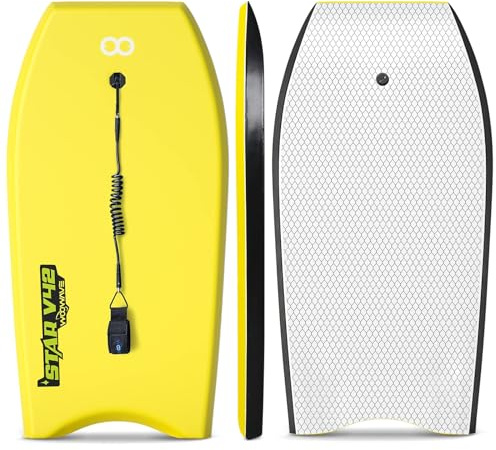 GEAVESS Bodyboard da 83,8 cm/94 cm/106,7 cm, in IXPE, con cordino da polso a spirale, nucleo in EPS super leggero e fondo liscio in HDPE, perfetto per surf per bambini e adulti (giallo, 106,7 cm