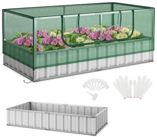 COSTWAY upphöjd bädd med växthus, galvaniserad planteringsbädd med rulldörr, avtagbart PE-skydd, rektangulär trädgårdsbädd, blomrabatt, växtlåda, drivhus, 174 x 90 x 70 cm