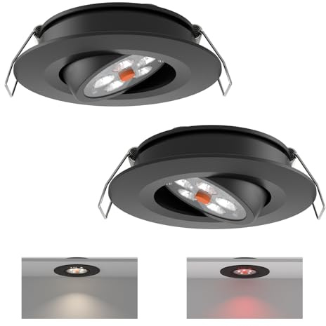 acegoo LED Einbaustrahler 12V Spot 2W Wohnmobil 35° Abstrahlwinkel, 70° Schwenkbar für Wohnwagen Camper Van Boot, Aluminium 205lm 74mm Eingebauter Dimmschalter und rotes Licht Schwarz 5000K