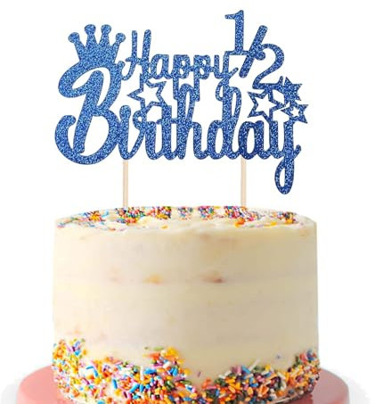 Halfway To One Cake Topper, Blue Glitter Happy 1/2 Birthday Topper for Baby Boys & Girls 6 Months Half Birthday Party Decorations (Blue)